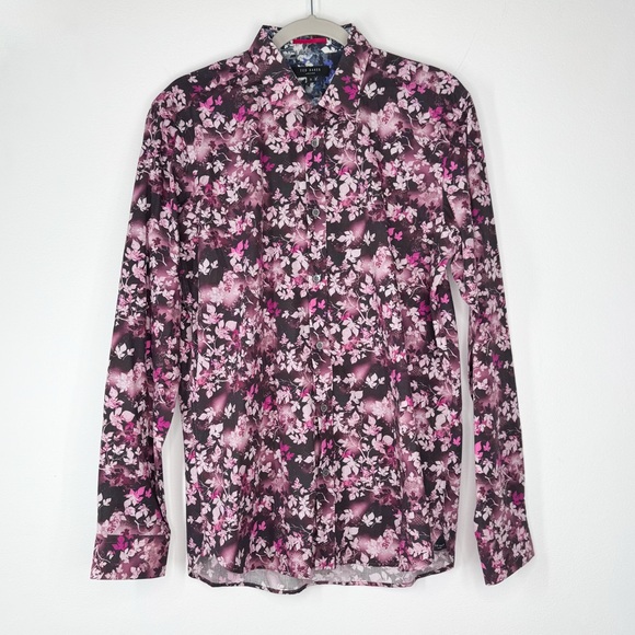 Ted Baker London Black Pink Floral Long Sleeve Button Up Shirt Men’s Size 3 - Picture 1 of 11